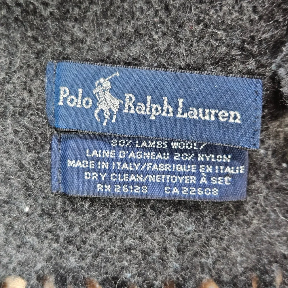 Polo Ralph Lauren Scarf Mens OS Charcoal Grey Lambs Wool Plaid Fringe Italy